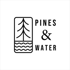 Wall Mural - water and pines line art minimalist vector logo illustration design. adventure simple icon logo conc