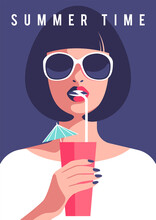 Summer Party, Vacation And Travel Concept. Young Woman In Sunglasses Drinks Cocktial. Vector Illustration For Flyer Or Poster Design In Minimalistic Style.