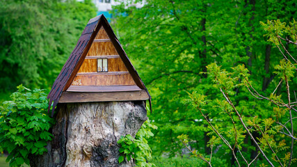 Wall Mural - house in the forest for animals and birds. Wooden bird house in the summer park. on an tree stump. Old wooden feeder for birds on a tree, empty bird's feeder caring about wild birds in cold season.