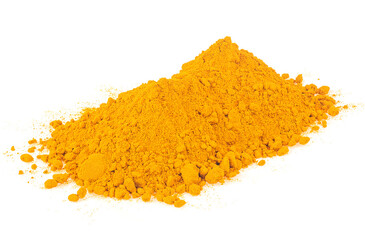 Wall Mural - Turmeric powder pile isolated on a white background. Yellow curcuma powder. Indian spice.