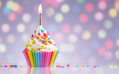 Wall Mural - Birthday cupcake. Rainbow Cup Liners. Burning candle light in a cake. Happy Birthday Gay, lesbian. LGBT pride. Tasty baking cupcakes or muffin with white cream icing and colored sprinkles. Copy space.