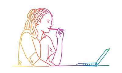 Sticker - Girl holding pencil in mouth and looking at laptop.