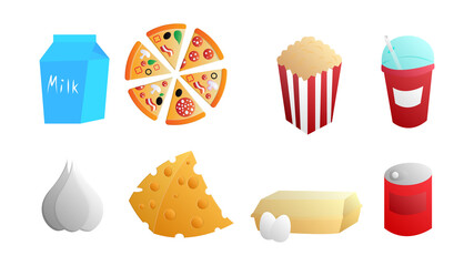 A set of eight icons of items of delicious food and snacks for a cafe bar restaurant on a white background: milk, pizza, popcorn, cocktail, garlic, cheese, egg, canned food