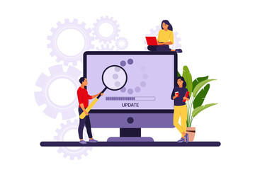 update concept. programmers upgrading operation system of computer. vector illustration. flat