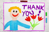 Fototapeta Młodzieżowe - Colorful drawing: Happy man holding a bouquet of flowers. Word THANK YOU