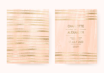 Wall Mural - Elegant pink wedding invitation cards with gold foil stripes.