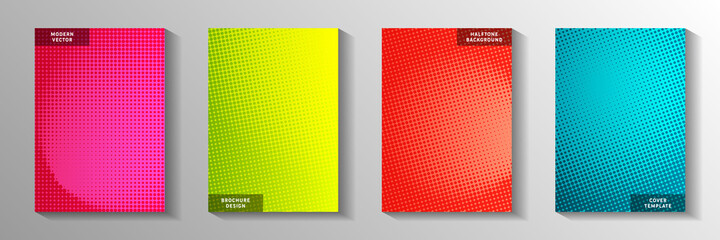 Trendy circle perforated halftone title page templates vector set. School brochure faded halftone