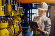 © Dusan Petkovic - Blond dedicated successful businesswoman in formal wear checking on machinery and holding tablet while standing in power plant.