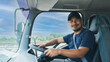 © Nuad Contributor - truck driver bearded man smiling fasten seat belt.