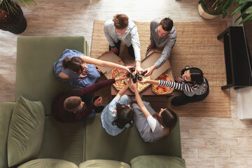 Pizza party, group of friends chatting, eating pizza, drinking sweet soda water