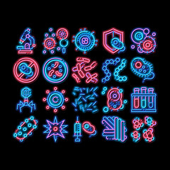 Sticker - Pathogen Elements neon light sign vector. Glowing bright icon Pathogen Bacteria Microorganism, Microbes And Germs Pictograms. Analysis In Flask, Microscope And Injection Illustrations