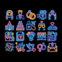 Sticker - Wedding neon light sign vector. Glowing bright icon Bride And Groom, Rings And Limousine Wedding Elements Pictograms. Church And Arch, Fireworks And Dancing Illustrations