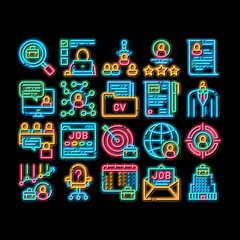 Sticker - Job Hunting Elements neon light sign vector. Glowing bright icon Hunting Business People And Recruitment Candidate, Team Work And Partnership Illustrations