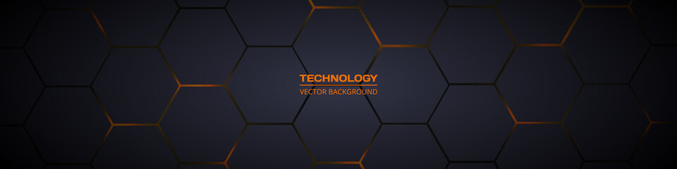 Dark gray and orange horizontal hexagonal technology abstract vector background. Orange bright energy flashes under hexagon in futuristic modern technology wide banner. Dark gray honeycomb texture.