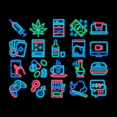 Poster - Addiction Bad Habits neon light sign vector. Glowing bright icon Alcohol And Drug, Shopping And Gambling, Hemp, Smoking And Junk Food Addiction Illustrations