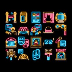 Sticker - Theatre Equipment neon light sign vector. Glowing bright icon Theatre Ticket And Binoculars, Mask And Microphone, Curtain And Seats, Building And Hat Illustrations