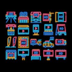 Sticker - Outdoor Media Advertising Promo neon light sign vector. Glowing bright icon Advertising Billboard And Tablet, Poster And Banner, Advertise On Car And Building Illustrations