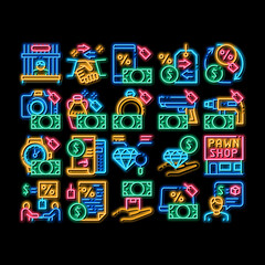 Poster - Pawnshop Exchange neon light sign vector. Glowing bright icon Pawnshop Building And Handshake, Laptop And Phone, Photo Camera And Jewelry Stone Illustrations