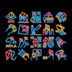 Sticker - Kite Flying Air Toy neon light sign vector. Glowing bright icon Kite Wind Tool In Different Form, Instruction Information List For Construction Illustrations