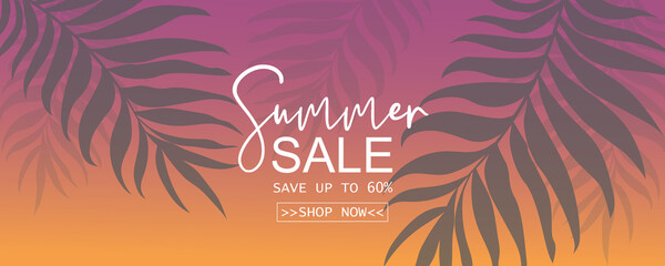 Poster - Summer sale banner design with tropical leaves background