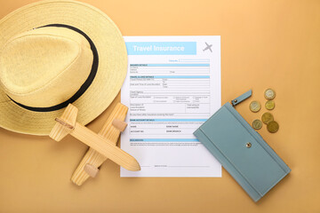 Composition with travel insurance and plane figure on color background