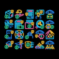 Canvas Print - Insurance All-purpose neon light sign vector. Glowing bright icon Insurance Agreement For Protection House And Car, Health And Life, Phone And Lost Work Illustrations