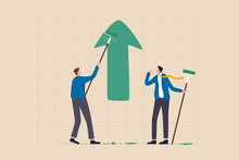 Business Profit Growth, Improvement Or Career Development, Investment Earning Rising Up Or Partnership To Help Grow Business Concept, Businessman Partner Help Painting Growth Green Arrow Graph.
