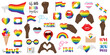 A large set of stickers on the theme of pride month, LGBTQ. Lips, black hand holding flag, heart, glasses, lettering, mouthpiece, fist. LGBT rainbow.Vector illustration isolated on a white background.