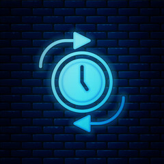 Wall Mural - Glowing neon Clock with arrow icon isolated on brick wall background. Time symbol. Clockwise rotation icon arrow and time. Vector