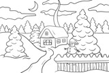 Fototapeta Tulipany - House in the winter forest, coloring page