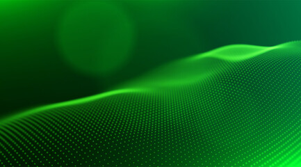 Wall Mural - wave of green particles. abstract technology flow background. sound mesh pattern or grid landscape. 