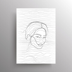 Wall Mural - Portrait of an abstract Asian female face in wavy horizontal lines style isolated on white background. Design for wall decoration, poster. Vector