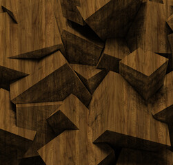  3d illustration. Background image of three-dimensional triangles of the same size, located at different heights, with a shadow and with the texture of natural and painted wood. Wood panel. Render