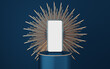 © media-ja - Blue mobile phone on cylinder podium with gold border and spiked halo circle on blue background. Pedestal mockup space for luxury and modern. smartphone with blank white screen. 3d rendering.
