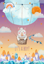 Baby Shower  Greeting Card, Cute Lama, Alpaca Fly In A Round Blue Hot Air Balloon Over The Mountains, Childrens Illustration