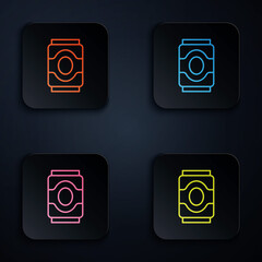 Poster - Color neon line Soda can icon isolated on black background. Set icons in square buttons. Vector