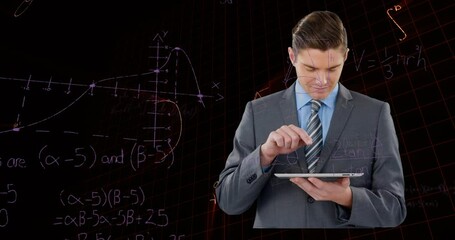 Canvas Print - Animation of data processing and mathematical equations over businessman using tablet