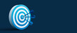 Leinwandbild Motiv Blue darts arrows in the center of the shooting target. Business targeting and winning concept on dark blue background 3D Rendering, 3D Illustration