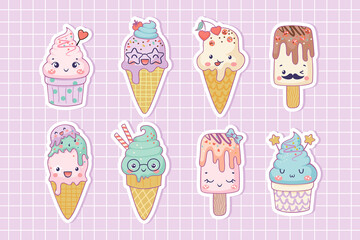 funny ice cream sticker pack, cute cartoon characters for summer