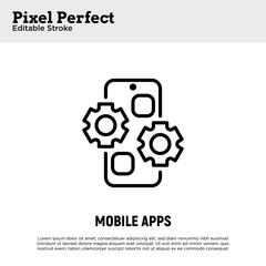 Wall Mural - web development thin line icon. mobile app. cogwheels on smartphone screen. pixel perfect, editable 
