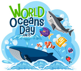Wall Mural - World Ocean Day banner with many different sea animals