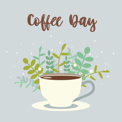 First cup of morning  fresh coffee with leaves on background. Editable vector illustration