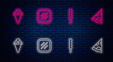 Sticker - Set line Steak meat, Lollipop, Ice cream in waffle cone and Slice of pizza. Glowing neon icon on brick wall. Vector