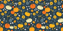 Lovely Hand Drawn Thanksgiving Seamless Pattern With Pumpkins And Sunflowers, Great For Textiles, Table Cloth, Wrapping, Banners, Wallpapers - Vector Design