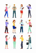 © vectorcreator - Set of people using smartphones. Group of young men and women using phones for call, texting, talking, chatting, selfie, business purposes. Collection of flat male and female characters with phones.