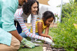 © Wavebreak Media - Smiling hispanic mother, father and daughter gardening, kneeling and planting in flower bed