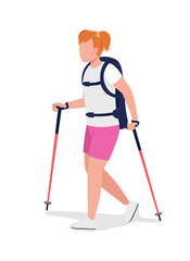 Wall Mural - girl on hiking trip semi flat color vector character. trekker figure. full body person on white. out