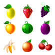 Fruit machine slot icons set, lemon, strawberry, grapes, apple, watermelon, plum, banana, peach, cherry. Classic collection symbol for games gambling, mobile app. Vector illustration cartoon style
