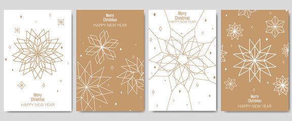 Golden Christmas cards set. Set of christmas new year winter holiday greeting cards with xmas decoration. Abstract trendy illustration in minimalist hand drawn flat style. Vector illustration
