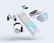 Flying gamer gears like mouse, keyboard, joystick, headset, VR on white